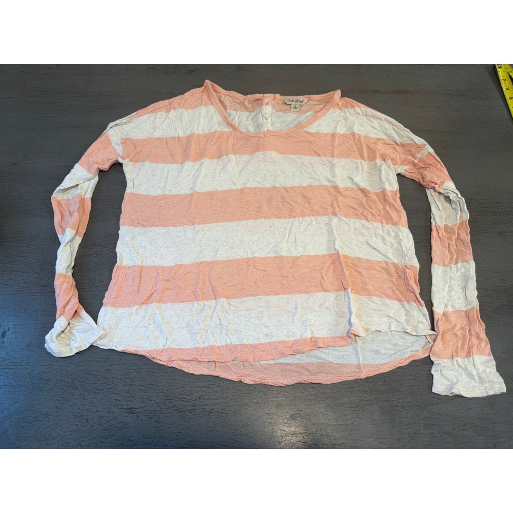 Lucky Brand Peach White Striped Long Sleeve Scoop Neck Button Back Top Small